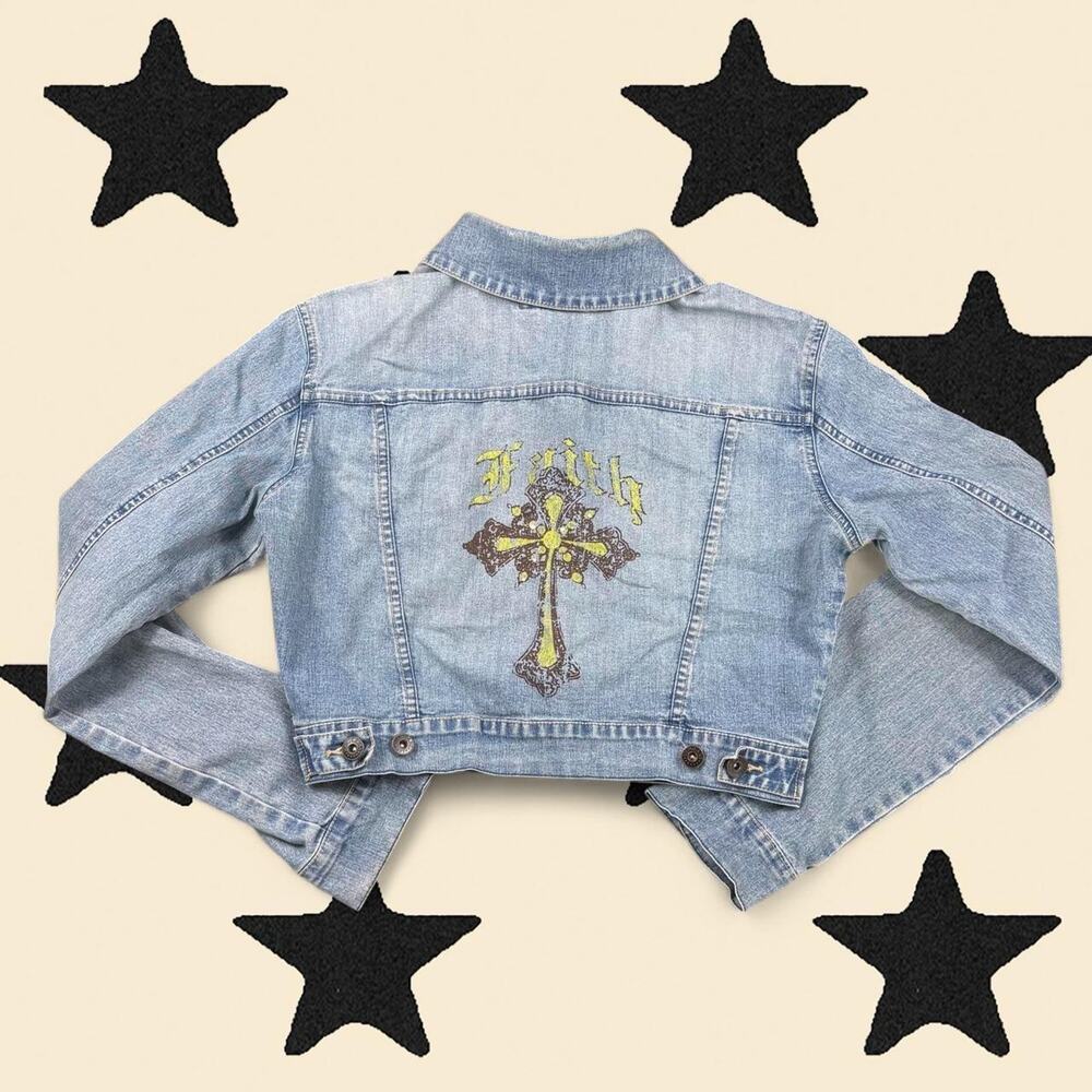 ★ Y2K YMI catholic graphic cropped Denim Jacket ★